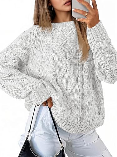 Saodimallsu Strickpullover Damen Oversized Grobstrick Zopfstrick Pullover Rundhals Langarm Einfarbig Oberteile Elegant Cable Knit Pulli Casual Lose Winter Sweatshirt Weiß XL von Saodimallsu