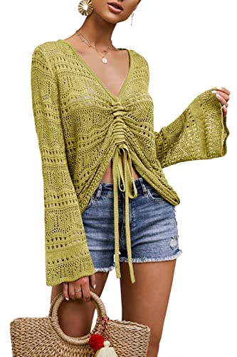 Saodimallsu Pullover Damen Sexy Oversized V-Ausschnitt Shirts Flowy Crochet Boho Langarmshirt Tops mit Tunnelzug Gelb Grün von Saodimallsu