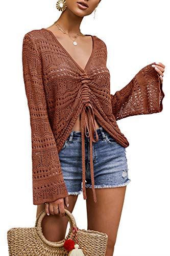 Saodimallsu Pullover Damen Sexy Oversized V-Ausschnitt Shirts Flowy Crochet Boho Langarmshirt Tops mit Tunnelzug Ziegelrot von Saodimallsu