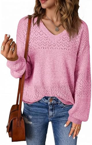 Saodimallsu Pullover Damen V-Ausschnitt Häkel Strickpullover Einfarbig Leicht Langarmshirt Lässig Elegant Basic Strick Tops Rosa L von Saodimallsu