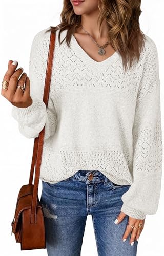 Saodimallsu Pullover Damen V-Ausschnitt Häkel Strickpullover Einfarbig Leicht Langarmshirt Lässig Elegant Basic Strick Tops Weiß XXL von Saodimallsu