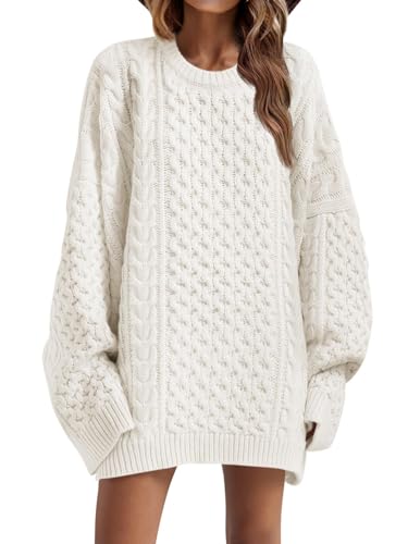 Saodimallsu Damen Grobstrick Oversized Pullover Rundhals Strickpullover Langarm Pulloverkleid Einfarbig Winter lässig Sweater Oberteile Weiß XL von Saodimallsu