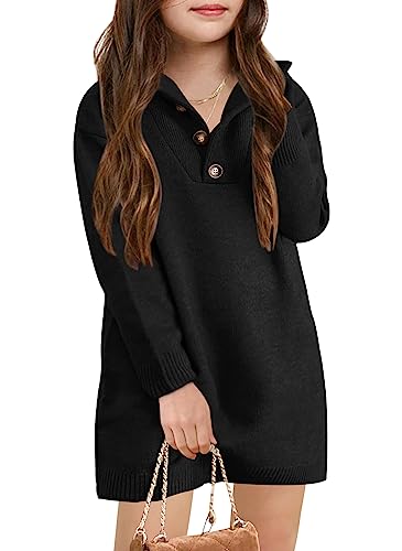 Saodimallsu Pullover Teenager Mädchen Langarm Gestrickt Button Up Kleid Kinder Sweatshirt Herbstkleider Oversized Lässige Oberteile Schwarz 7-8 Jahre von Saodimallsu