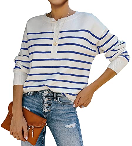 Saodimallsu Pullover für Damen Lockere Passform Langärmelig Oberteile Crew Neck Casual Gestreifte Tops Knopfleiste Strickpullover Blau Klein von Saodimallsu