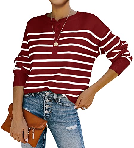 Saodimallsu Pullover für Damen Lockere Passform Langärmelig Oberteile Crew Neck Casual Gestreifte Tops Knopfleiste StrickpulloverWeinrotX-Groß von Saodimallsu