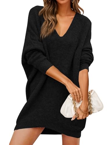 Saodimallsu Pulloverkleid Damen V-Ausschnitt Übergroßes Strickpullover Elegant Warm Rippstrick lässig lockere Freizeitkleid für Herbst Winter Strickkleid,Schwarz,M von Saodimallsu