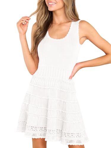 Saodimallsu Sommerkleider Damen Ärmellos Kleider Elegant Swing Tank-Kleider Strick-Minikleider Freizeitkleid,Weiß,M von Saodimallsu