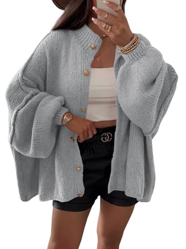 Saodimallsu Strickjacke Damen Kurz Laternenärmel Cardigan Knopfleiste Open Front Sweater Langarm Lose Strickmantel Herbst Winter Gestrickt Jacke Grau S von Saodimallsu