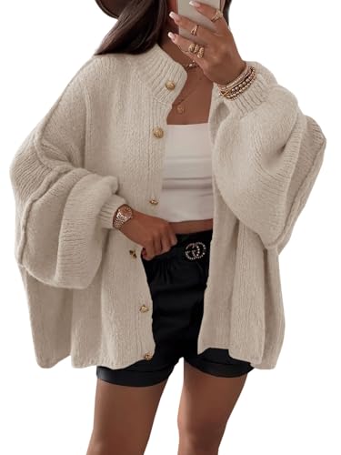 Saodimallsu Strickjacke Damen Kurz Laternenärmel Cardigan Knopfleiste Open Front Sweater Langarm Lose Strickmantel Herbst Winter Gestrickt Jacke Khaki M von Saodimallsu