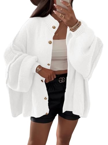 Saodimallsu Strickjacke Damen Kurz Laternenärmel Cardigan Knopfleiste Open Front Sweater Langarm Lose Strickmantel Herbst Winter Gestrickt Jacke Weiß S von Saodimallsu