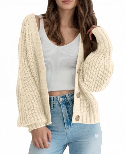 Saodimallsu Strickjacke Damen Kurz V-Ausschnitt Chunky Cardigan Langarm Open Front Sweater Grobstrick Knopfleiste Pullover Einfarbig Casual Strick Aprikose M von Saodimallsu