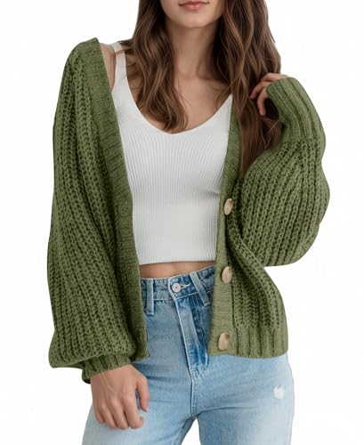 Saodimallsu Strickjacke Damen Kurz V-Ausschnitt Chunky Cardigan Langarm Open Front Sweater Grobstrick Knopfleiste Pullover Einfarbig Casual Strick Armeegrün L von Saodimallsu