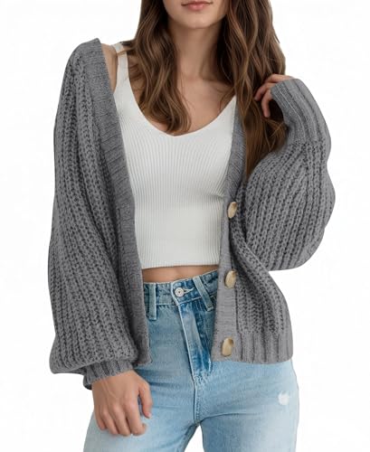 Saodimallsu Strickjacke Damen Kurz V-Ausschnitt Chunky Cardigan Langarm Open Front Sweater Grobstrick Knopfleiste Pullover Einfarbig Casual Strick Dunkelgrau XXL von Saodimallsu