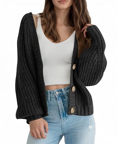 Saodimallsu Strickjacke Damen Kurz V-Ausschnitt Chunky Cardigan Langarm Open Front Sweater Grobstrick Knopfleiste Pullover Einfarbig Casual Strick Schwarz XL von Saodimallsu