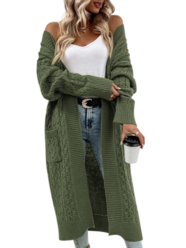 Saodimallsu Strickjacke Damen Lang Grobstrick Cardigan Lose Oversize Leichte Elegante Strickmantel Casual Einfarbig Open Front Sweater mit Taschen Armeegrün L von Saodimallsu