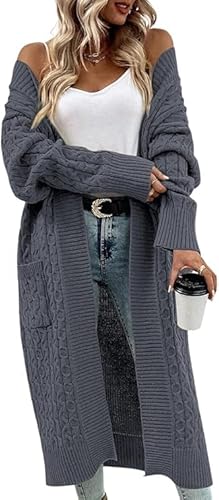 Saodimallsu Strickjacke Damen Lang Grobstrick Cardigan Lose Oversize Leichte Elegante Strickmantel Casual Einfarbig Open Front Sweater mit Taschen Grau M von Saodimallsu