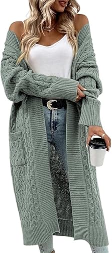 Saodimallsu Strickjacke Damen Lang Grobstrick Cardigan Lose Oversize Leichte Elegante Strickmantel Casual Einfarbig Open Front Sweater mit Taschen Hellgrün L von Saodimallsu
