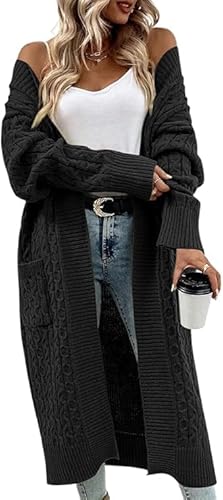 Saodimallsu Strickjacke Damen Lang Grobstrick Cardigan Lose Oversize Leichte Elegante Strickmantel Casual Einfarbig Open Front Sweater mit Taschen Schwarz L von Saodimallsu