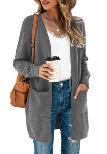 Saodimallsu Strickjacke Damen Lang Leicht Cardigan Langarm Open Front Strickpullover Einfarbig Freizeit Strickmantel Outerwear mit Tasche Grau XXL von Saodimallsu