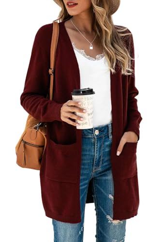 Saodimallsu Strickjacke Damen Lang Leicht Cardigan Langarm Open Front Strickpullover Einfarbig Freizeit Strickmantel Outerwear mit Tasche Weinrot XXL von Saodimallsu