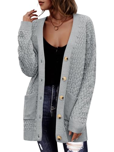 Saodimallsu Strickjacke Damen Langarm Oversized Cardigan Open Front V-Ausschnitt Knopfleiste Sweater Lose Grobstrick Pullover Casual Elegant Strickmantel mit Taschen Grau XXL von Saodimallsu