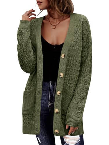 Saodimallsu Strickjacke Damen Langarm Oversized Cardigan Open Front V-Ausschnitt Knopfleiste Sweater Lose Grobstrick Pullover Casual Elegant Strickmantel mit Taschen Grün S von Saodimallsu