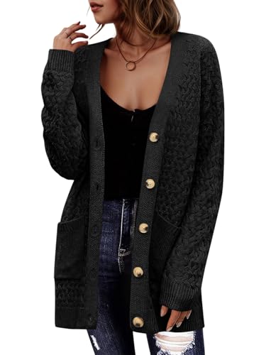 Saodimallsu Strickjacke Damen Langarm Oversized Cardigan Open Front V-Ausschnitt Knopfleiste Sweater Lose Grobstrick Pullover Casual Elegant Strickmantel mit Taschen Schwarz M von Saodimallsu