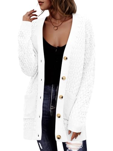 Saodimallsu Strickjacke Damen Langarm Cardigan Open Front V-Ausschnitt Knopfleiste Sweater Lose Grobstrick Pullover Casual Elegant Strickmantel mit Taschen Weiß M von Saodimallsu