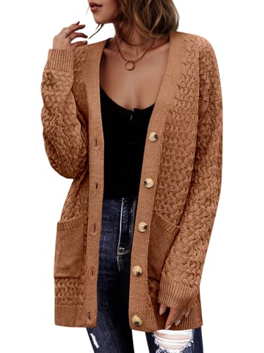 Saodimallsu Strickjacke Damen Langarm Cardigan Open Front V-Ausschnitt Knopfleiste Sweater Lose Grobstrick Pullover Casual Elegant Strickmantel mit Taschen Braun M von Saodimallsu