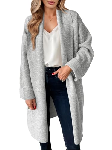 Saodimallsu Strickjacke Damen Lange Leichte Oversize Longjacke Übergang Cardigan Open Front Sweater Casual Einfarbig Strickmantel Hellgrau L von Saodimallsu