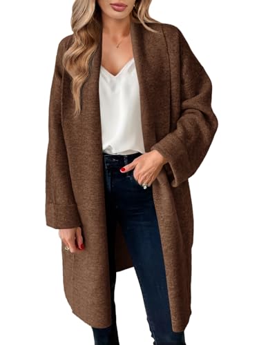 Saodimallsu Strickjacke Damen Lange Leichte Oversize Longjacke Übergang Cardigan Open Front Sweater Casual Einfarbig Strickmantel Braun XL von Saodimallsu