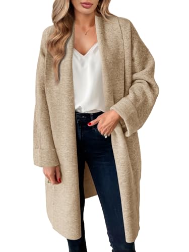 Saodimallsu Strickjacke Damen Lange Leichte Oversize Longjacke Übergang Cardigan Open Front Sweater Casual Einfarbig Strickmantel Khaki M von Saodimallsu
