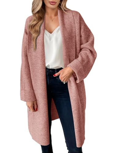 Saodimallsu Strickjacke Damen Lange Leichte Oversize Longjacke Übergang Cardigan Open Front Sweater Casual Einfarbig Strickmantel Rosa XL von Saodimallsu