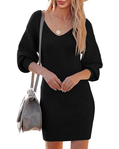 Saodimallsu Strickkleid Damen V-Ausschnitt Pulloverkleid Langarm Pullover Elegant Minikleid Sweater Freizeitkleider Tunika Pullikleid Strickpullover Kleid für Herbst Winter Schwarz L von Saodimallsu