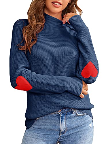 Saodimallsu Strickpullover Damen Herzform Lässig Rollkragenpullover Herbst Winter Pulli Grobstrick Sweater, Dunkelblau, L von Saodimallsu