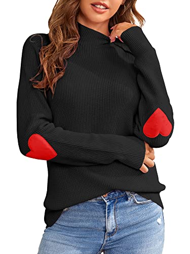 Saodimallsu Strickpullover Damen Herzform Lässig Rollkragenpullover Herbst Winter Pulli Grobstrick Sweater, Schwarz, S von Saodimallsu