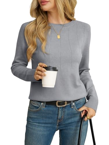 Saodimallsu Strickpullover Damen Langarm Rundhals Einfarbig Locker Pulli Sweatshirt Geripptes Pullover Oberteile Grau XL von Saodimallsu