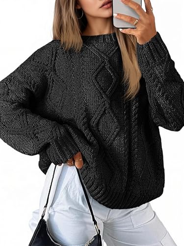 Saodimallsu Strickpullover Damen Oversized Grobstrick Zopfstrick Pullover Rundhals Langarm Einfarbig Oberteile Elegant Cable Knit Pulli Casual Lose Winter Sweatshirt Schwarz L von Saodimallsu