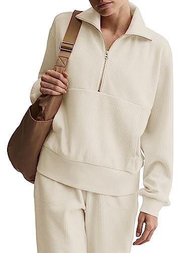 Saodimallsu Sweatshirts für Damen Oversized Long Sleeve Oberteile Half Zip Casual Känguru Tasche Pullover Gerippte Tops Beige Klein von Saodimallsu