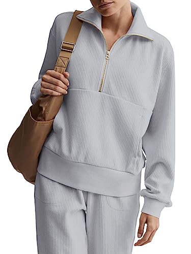 Saodimallsu Sweatshirts für Damen Oversized Long Sleeve Oberteile Half Zip Casual Känguru Tasche Pullover Gerippte Tops Grau Groß von Saodimallsu