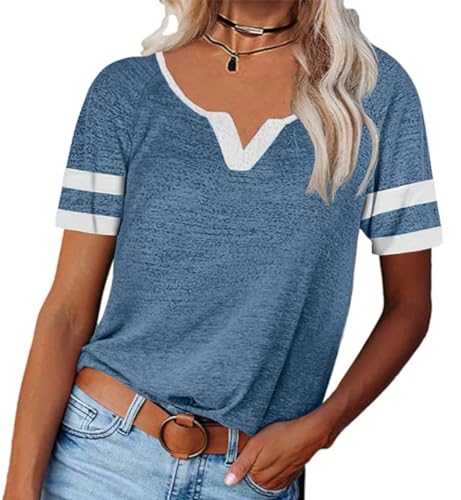 Saodimallsu T-Shirts für Damen V-Ausschnitt Basic Oberteile Sommer Casual Lose Tops Stilvoll Sportshirt Blau Mittel von Saodimallsu