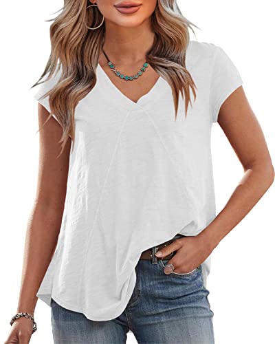 Saodimallsu T-Shirts für Damen mit V-Ausschnitt Sommer Einfarbig Oberteile Elegant Kurze Ärmel Casual Tops Blau X-Groß von Saodimallsu