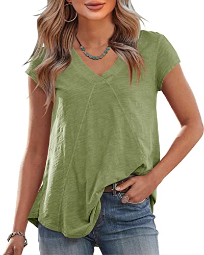Saodimallsu T-Shirts für Damen mit V-Ausschnitt Sommer Einfarbig Oberteile Elegant Kurze Ärmel Casual Tops Grün von Saodimallsu