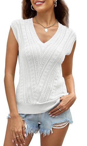 Saodimallsu Tank Top Damen Sommer Strick V Ausschnitt Pullunder Frauen Ärmelloses Elegant Leicht Pullover Oberteile, Weiß, L von Saodimallsu