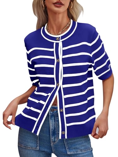 Saodimallsu Damen Gestreift T-Shirt Kurzarm Strick Oberteile Sommer Button Down Rundhals Pullover Casual Lose Strick Bluse Tops Dunkelblau, XXL von Saodimallsu