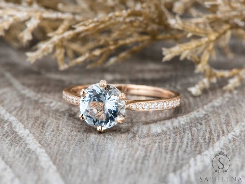 Aquamarin Solitär Verlobungsring, Rosegold 14K/18K Ehering, Halbe Eternity Diamant Birthstone Ring Aquamarin Solitär Verlobungsring, Rosegold 14K/18K Ehering, Halbe Eternity Diamant Birthstone Ring von Sapheena