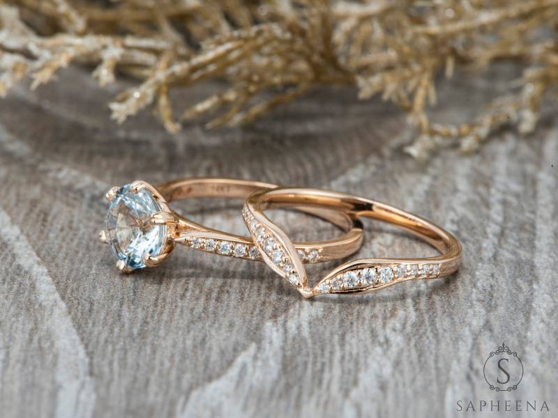 Aquamarin Solitär Verlobungsring, Rundschliff Hochzeit Set in 14K/18K Gold, Blütenblatt Stil Set, März Ring Von Sapheena Aquamarin Solitär Verlobungsring, Rundschliff Hochzeit Set in 14K/18K Gold, Blütenblatt Stil Set, März Ring Von Sapheena von Sapheena