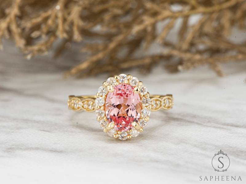 Saphir Verlobungsring | Oval Ring Pfirsich Halo Vintage Diamant Ausgebogter 14K/18K Roségold von Sapheena