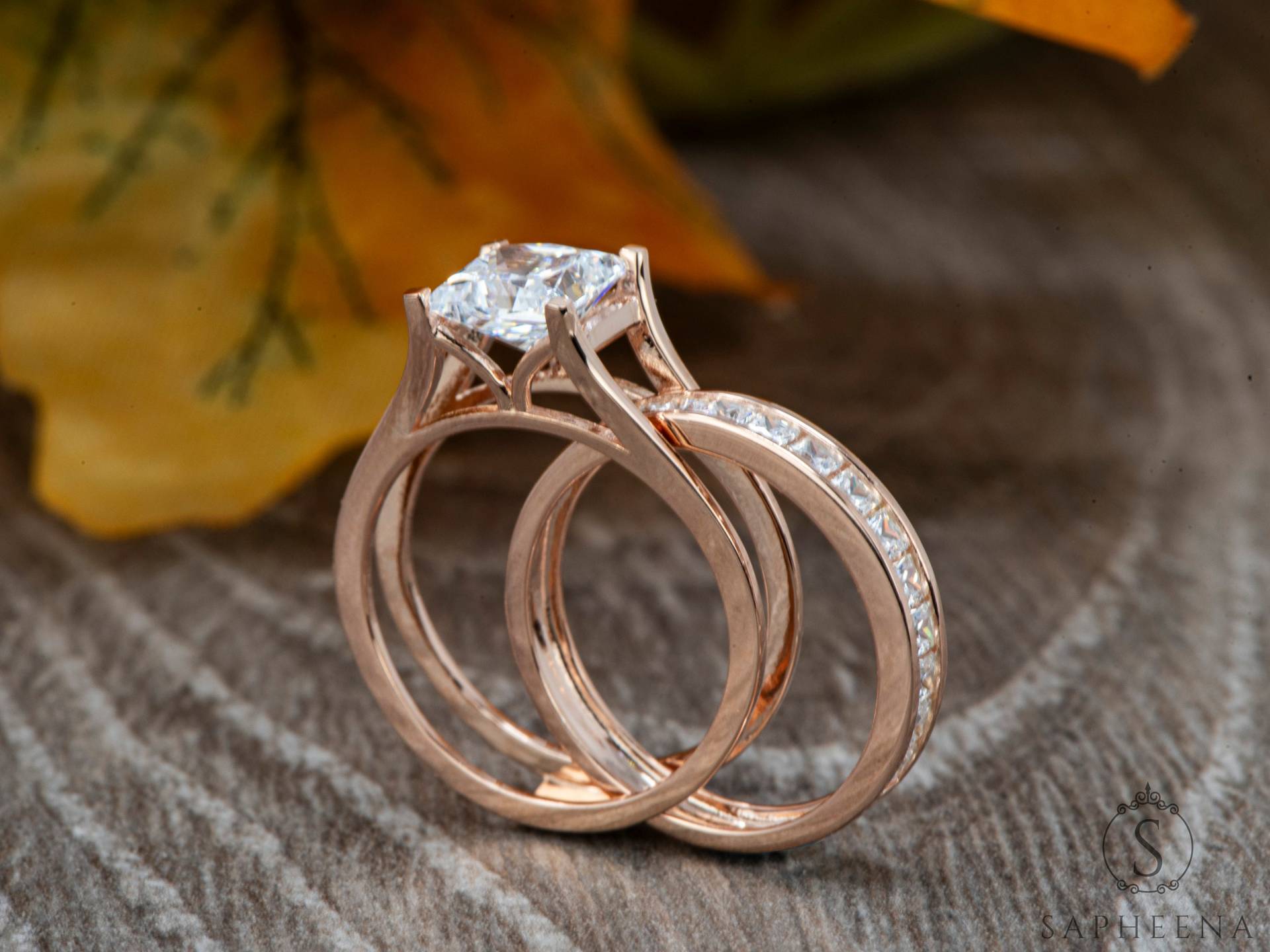 Princess Cut Hochzeitsset , Diamant Verlobungsring, Hochzeitsring Square Cut, Brautring Set, Sterling Silber Ehering von SapheenaTresors