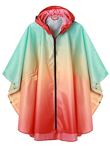 Regen Poncho Jacke Mantel für Erwachsene mit Kapuze wasserdicht mit Reißverschluss im Freien, Grün+Gelb+Rot von SaphiRose PONCHO